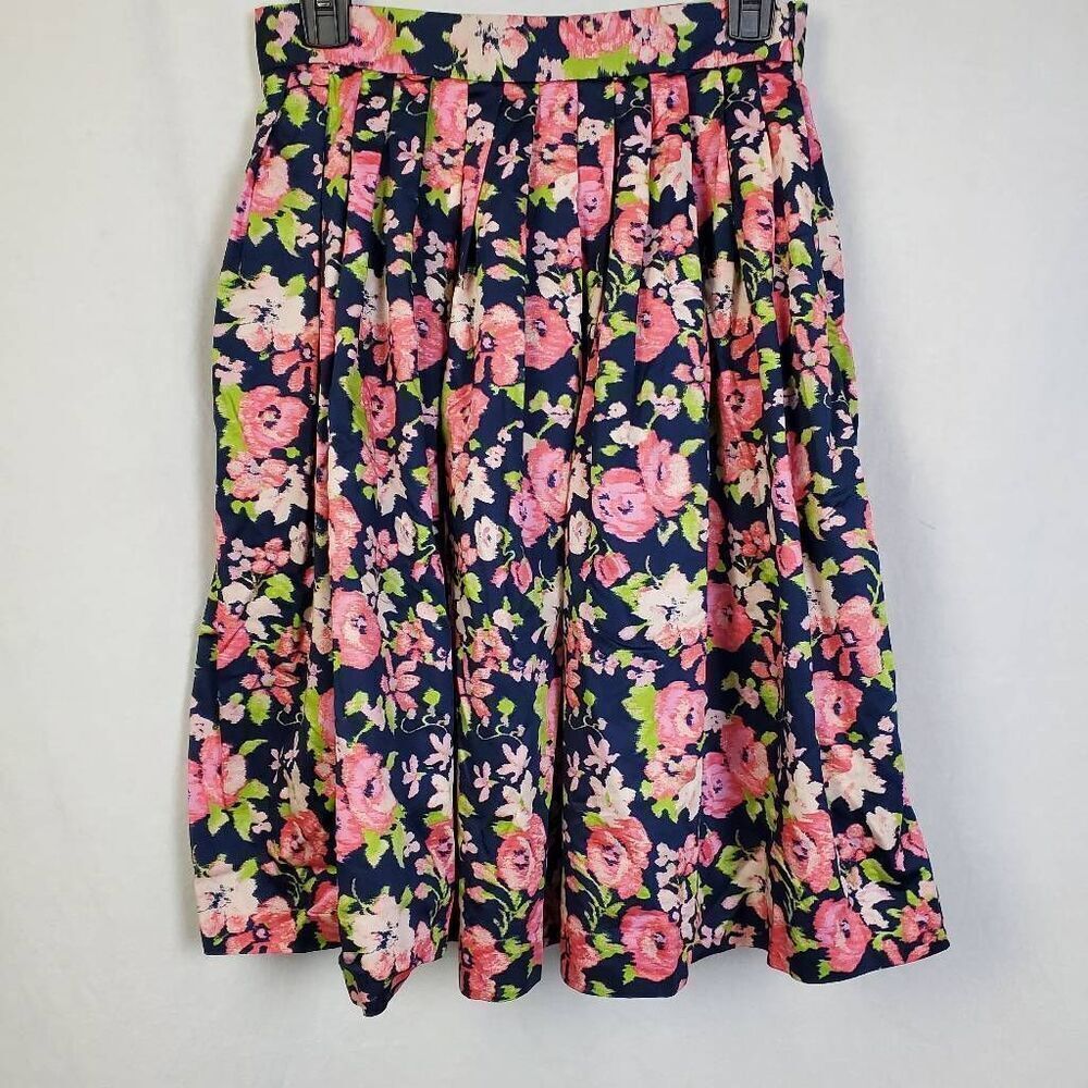 Brooks Brothers Women's Floral Pleated Midi Skirt Size 2 Navy Pink Green 100% Co